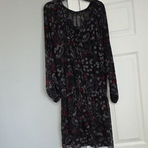 Sanctuary Black Paisley Long-Sleeve Tie-Neck Dress with Red Accents